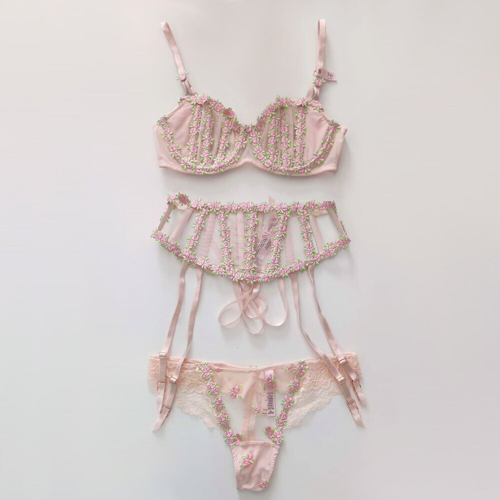 Victoria’s Secret Dream Angels Rosebud Bra 34B Garter XS Panty M Set b85 - Picture 3 of 13